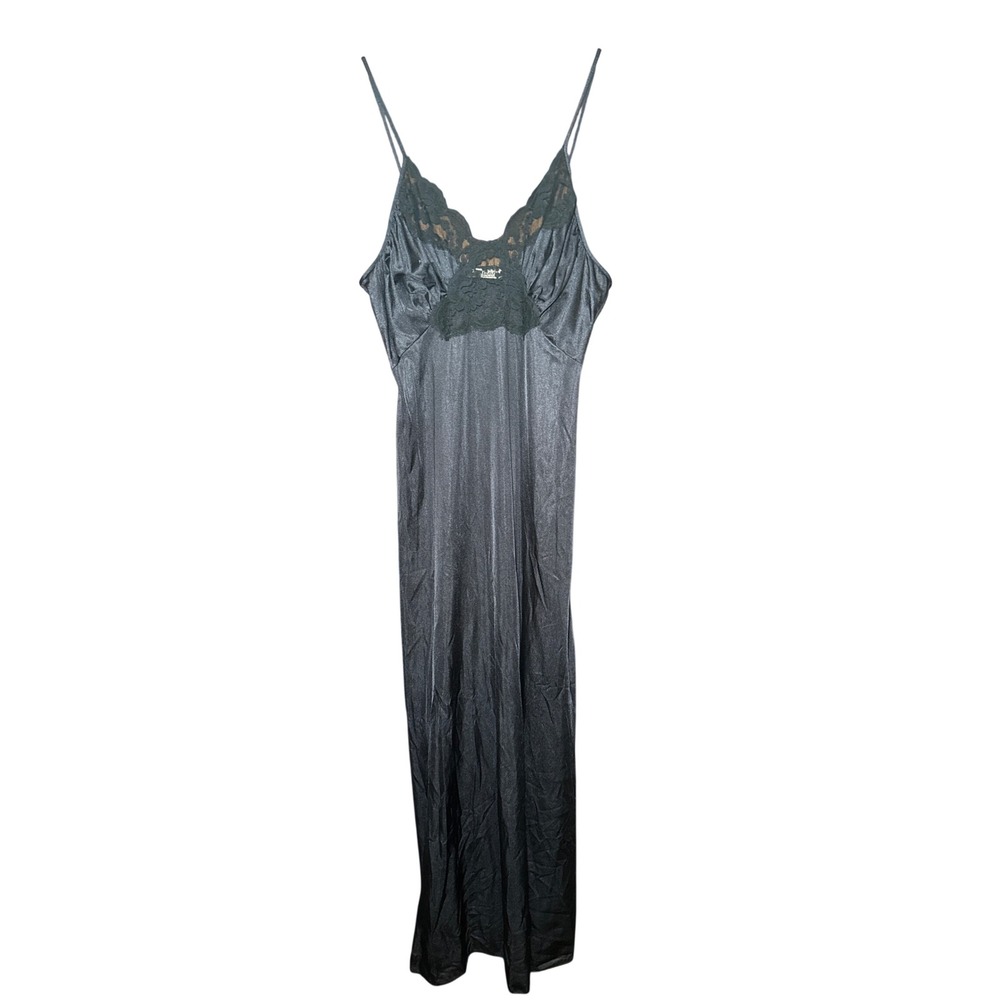 Vintage Gilead Black Nylon Lace Trim Maxi Nightgown Sleepwear Small Made in USA